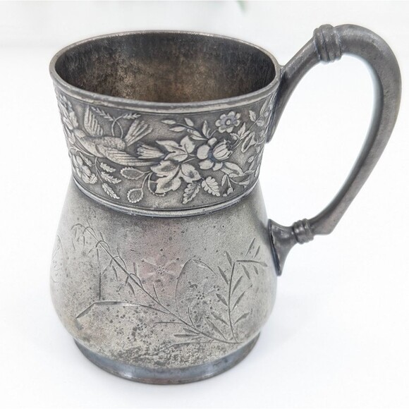 Antique Meriden Brittania Co. Cup Mini Pitcher Birds Etched Floral - Picture 2 of 6